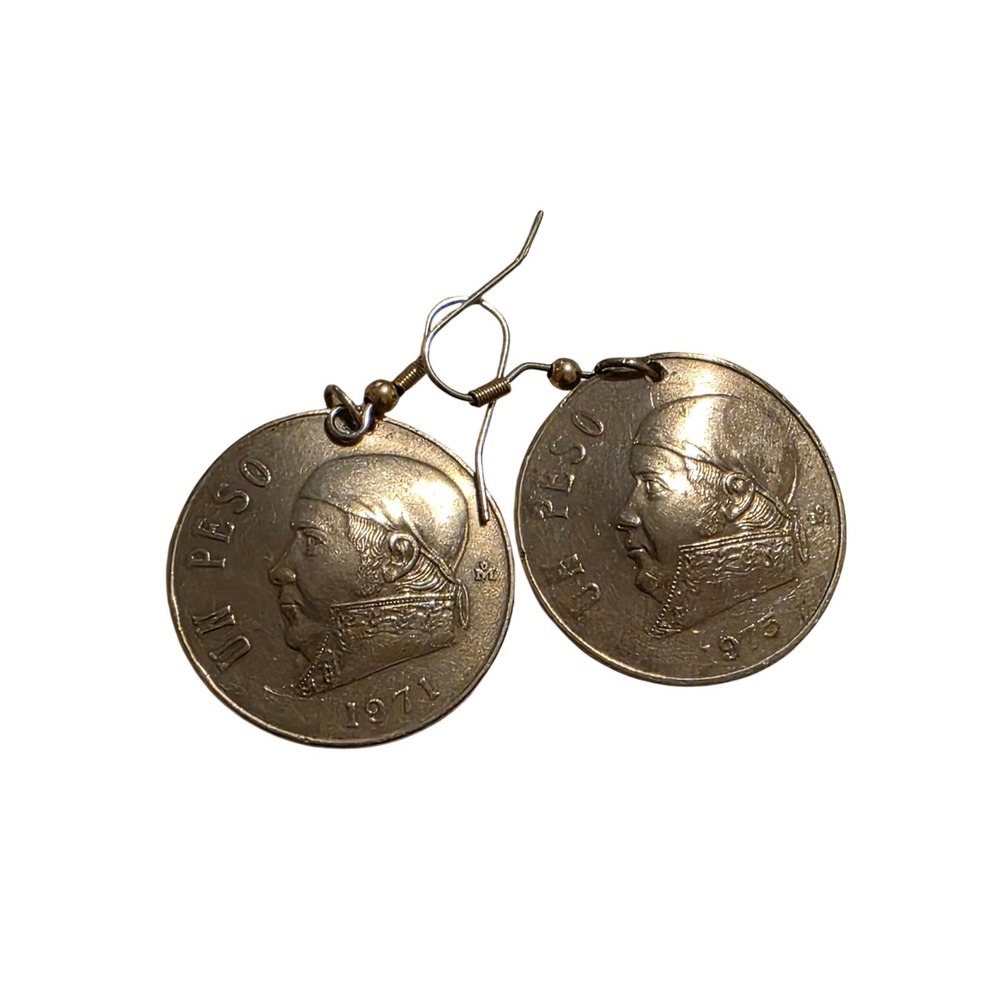 Vintage 1971 Mexico One Peso Coin Earrings Jose‎ Maria Morelos Boho Dangle Drop